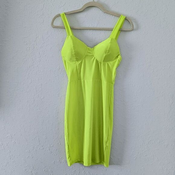 Women's Bodycon Dress Neon Yellow Highlighter Bright Medium Sleeveless Bra Mini - Picture 1 of 9